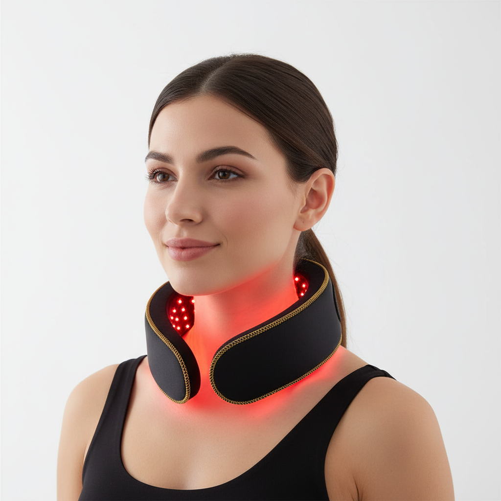 Woman wearing red light therapy neck collar